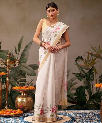 Off white printed silk blend ethnic saree with blouse piece 2