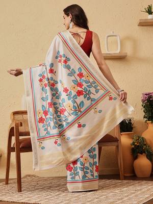 Cream printed silk blend ethnic saree with blouse piece 2