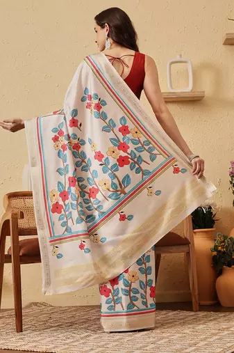 Cream printed silk blend ethnic saree with blouse piece