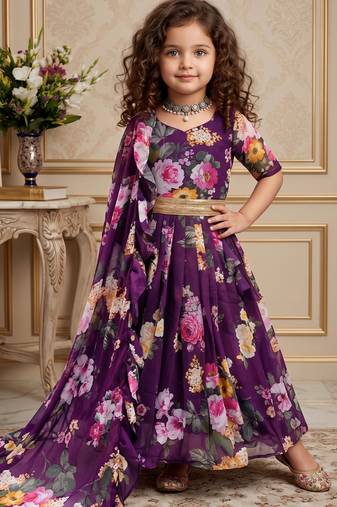 wine heavy faux georgette  gown set with digital print work - designer party wear