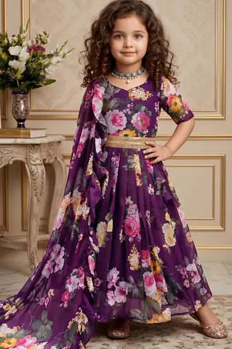 wine heavy faux georgette  gown set with digital print work - designer party wear