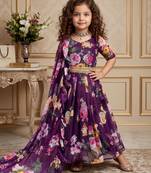 wine heavy faux georgette  gown set with digital print work - designer party wear