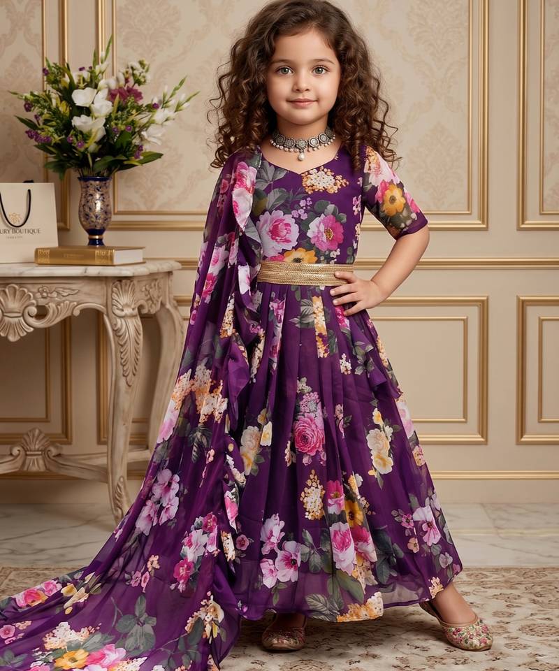 wine heavy faux georgette  gown set with digital print work - designer party wear