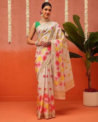 Cream printed silk blend ethnic saree with blouse piece 2