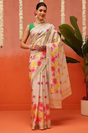 Cream printed silk blend ethnic saree with blouse piece