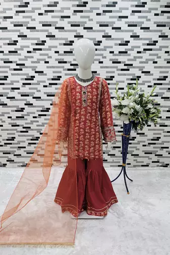 orange heavy chinon with embroidery sequnece work with digital print work - designer party wear
