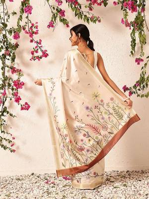 Beige embroidered silk blend festive saree with blouse piece 3