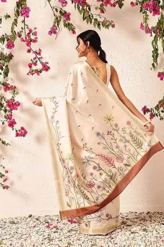 Beige embroidered silk blend festive saree with blouse piece