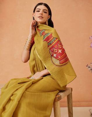 Mustard printed silk cotton ethnic saree with blouse piece 4