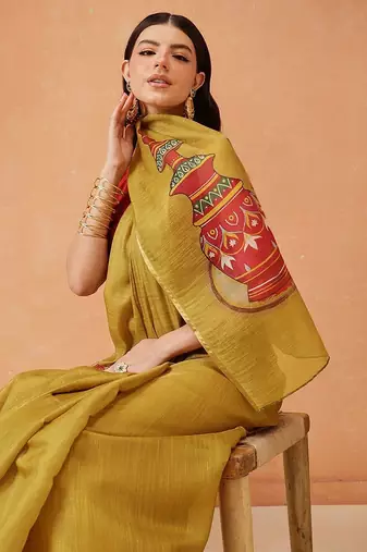 Mustard printed silk cotton ethnic saree with blouse piece