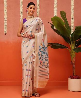 Cream printed silk blend ethnic saree with blouse piece 2