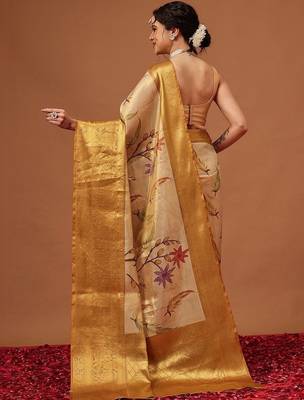 Cream printed art silk ethnic saree with blouse piece 2