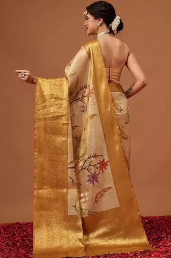 Cream printed art silk ethnic saree with blouse piece
