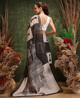 Black printed cotton blend ethnic saree with blouse piece 3