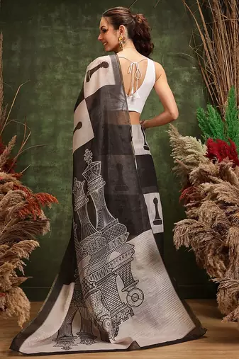 Black printed cotton blend ethnic saree with blouse piece