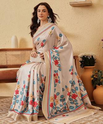 Cream printed silk blend ethnic saree with blouse piece 3