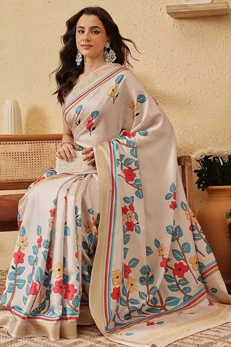 Cream printed silk blend ethnic saree with blouse piece