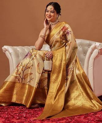 Cream printed art silk ethnic saree with blouse piece 3