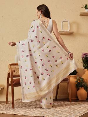 Cream printed silk blend ethnic saree with blouse piece 3