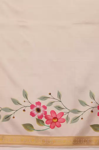 Off white printed silk blend ethnic saree with blouse piece