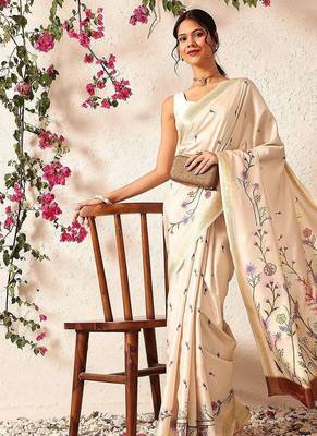 Beige embroidered silk blend festive saree with blouse piece 4