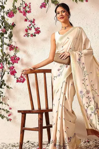 Beige embroidered silk blend festive saree with blouse piece