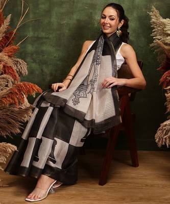 Black printed cotton blend ethnic saree with blouse piece 4