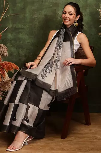 Black printed cotton blend ethnic saree with blouse piece