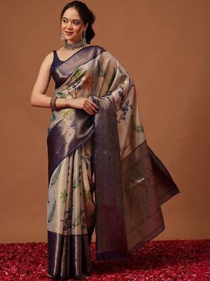 Cream printed art silk ethnic saree with blouse piece 1