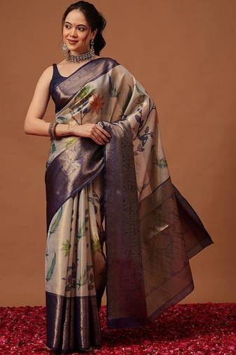 Cream printed art silk ethnic saree with blouse piece