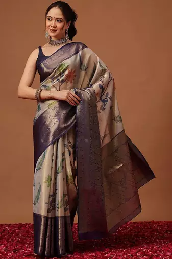 Cream printed art silk ethnic saree with blouse piece