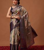 Cream printed art silk ethnic saree with blouse piece