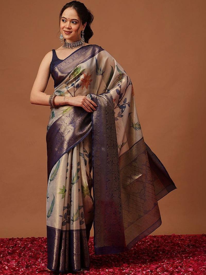 Cream printed art silk ethnic saree with blouse piece