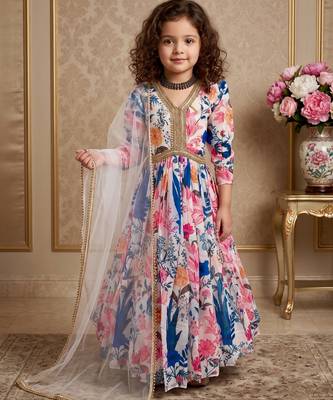multi heavy fox georgette gown set with digital print work with dori & less - designer party wear 1