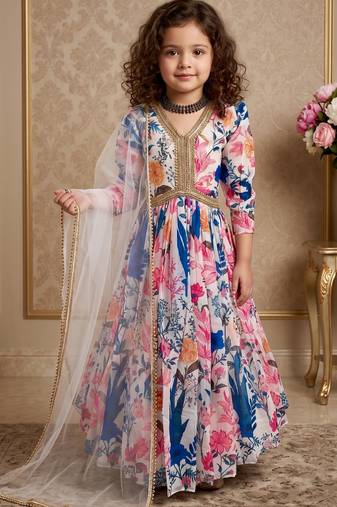 multi heavy fox georgette gown set with digital print work with dori & less - designer party wear