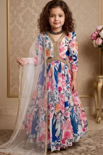multi heavy fox georgette gown set with digital print work with dori & less - designer party wear