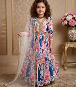 multi heavy fox georgette gown set with digital print work with dori & less - designer party wear