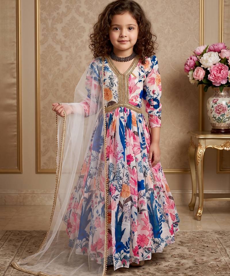 multi heavy fox georgette gown set with digital print work with dori & less - designer party wear