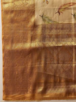 Cream printed art silk ethnic saree with blouse piece 5