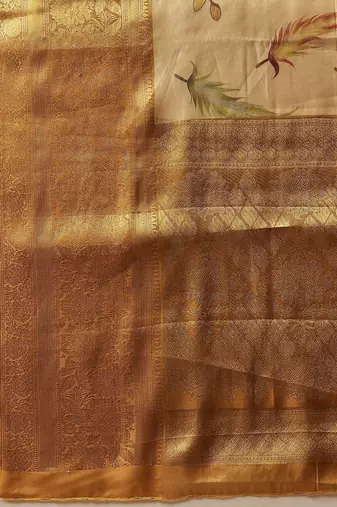 Cream printed art silk ethnic saree with blouse piece