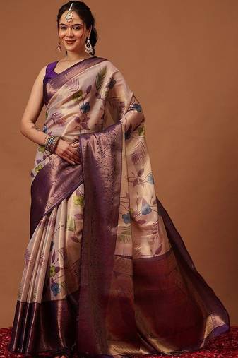 Cream printed art silk ethnic saree with blouse piece