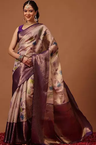 Cream printed art silk ethnic saree with blouse piece