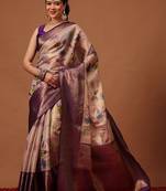 Cream printed art silk ethnic saree with blouse piece