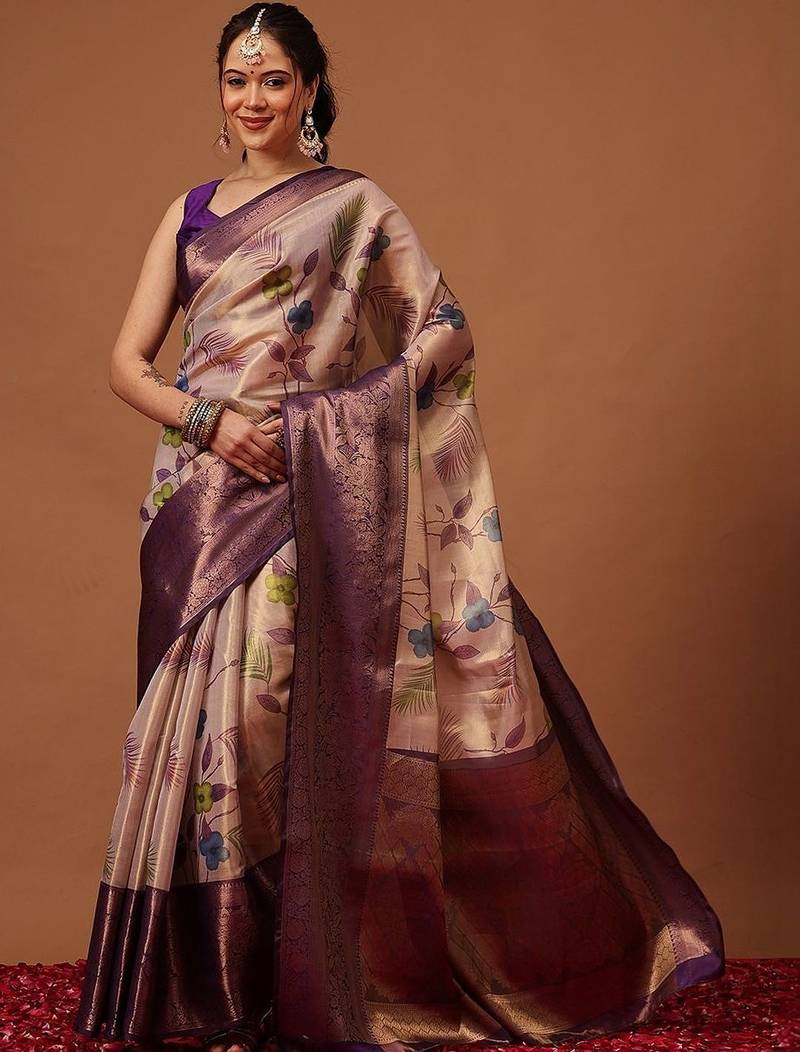 Cream printed art silk ethnic saree with blouse piece