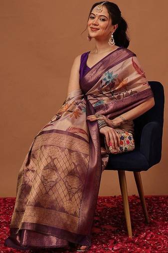 Cream printed art silk ethnic saree with blouse piece