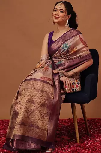 Cream printed art silk ethnic saree with blouse piece