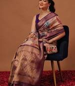 Cream printed art silk ethnic saree with blouse piece