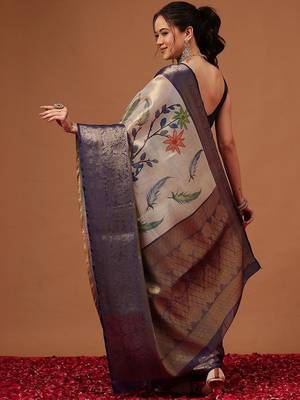 Cream printed art silk ethnic saree with blouse piece 2