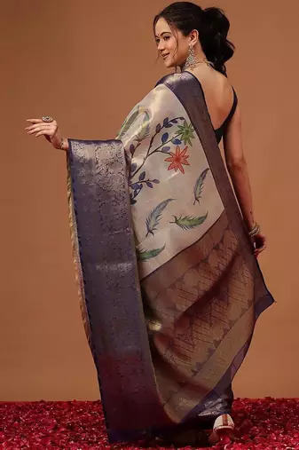 Cream printed art silk ethnic saree with blouse piece