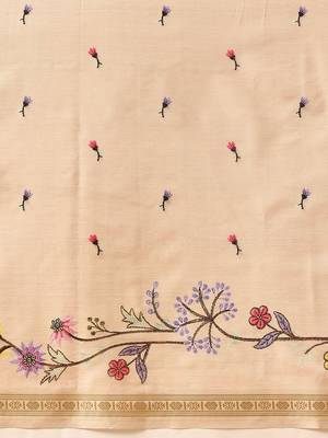 Beige embroidered silk blend festive saree with blouse piece 5